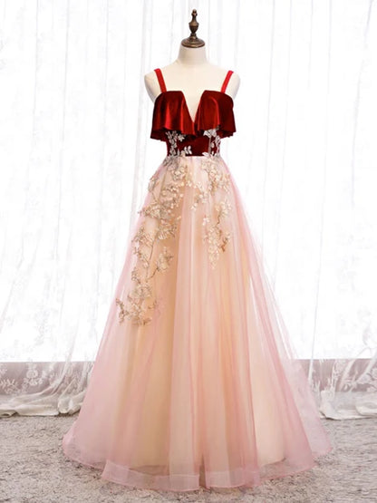 Burgundy Velvet Spaghetti Strap A Line Pink Tulle Prom Dress Floral Appliques