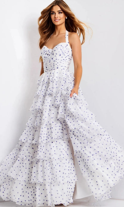 Playful A-Line Halter-Neck Sleeveless Open-Back High-Slit Floor-Length Prom Dress