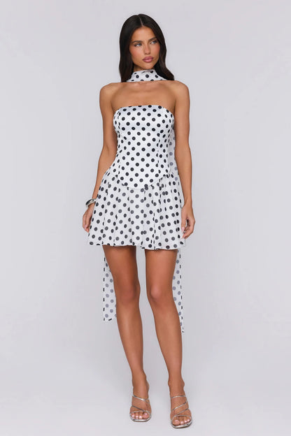 Playful A-Line Strapless Sleeveless Open Back High-Low Polka Dot Mini Homecoming Dresses