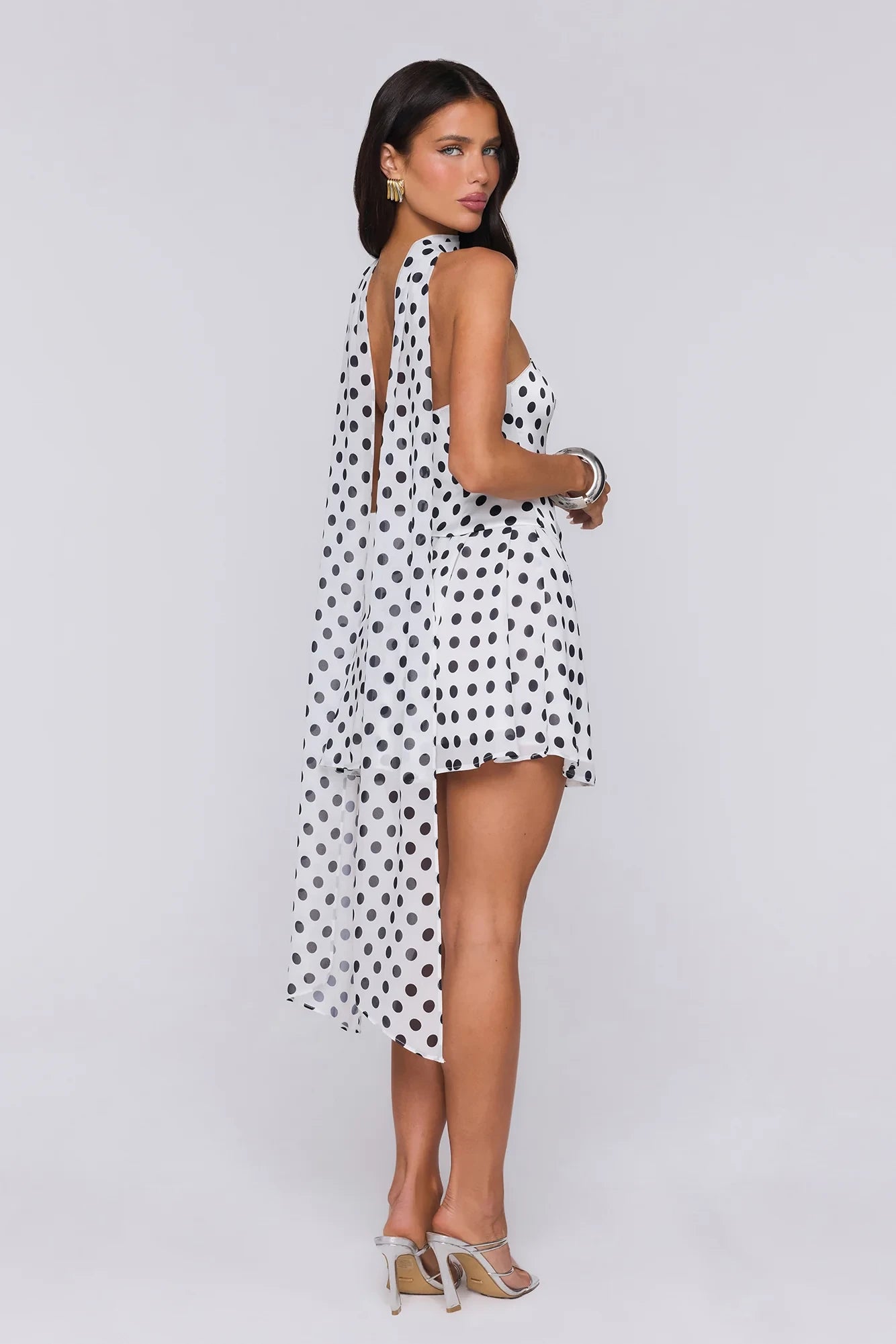 Playful A-Line Strapless Sleeveless Open Back High-Low Polka Dot Mini Homecoming Dresses