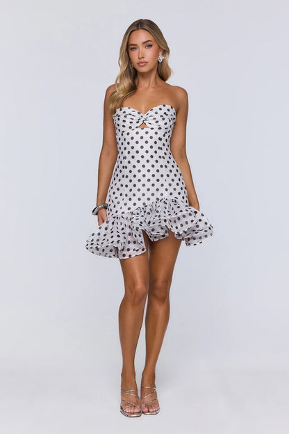 Playful Polka Dot A-Line Strapless Sweetheart Sleeveless Shirred Back Mini Homecoming Dresses