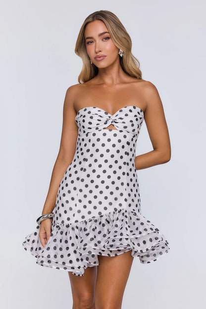 Playful Polka Dot A-Line Strapless Sweetheart Sleeveless Shirred Back Mini Homecoming Dresses