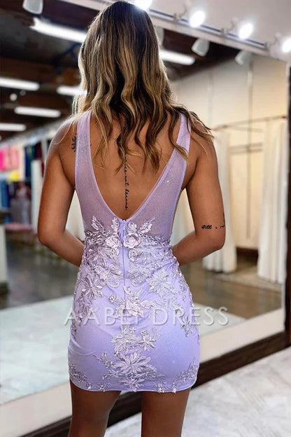 AABEI DRESS New Homecoming Dress Sexy Sheath Plunging V-Neck Sleeveless Appliques Illusion Short Prom Dresse