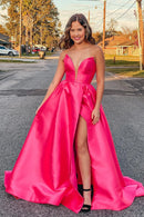 Plus Size Prom Dress A-Line Satin Strapless  with Slit