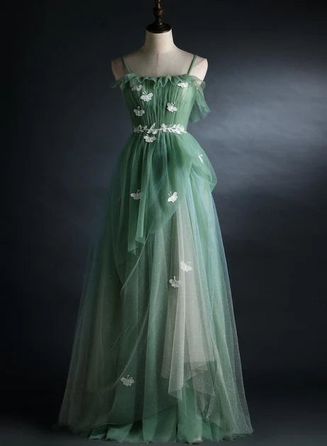 Sage Green Spaghetti Strap Tulle A Line Prom Dress Butterfly Appliques