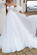Glamorous Ball-Gown Sweetheart Detachable Puff Sleeve Lace Up Back Train Length Wedding Dress