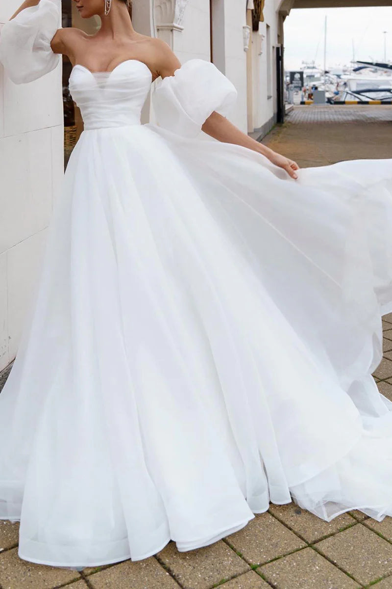 Glamorous Ball-Gown Sweetheart Detachable Puff Sleeve Lace Up Back Train Length Wedding Dress