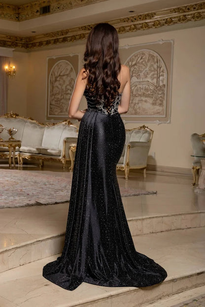 Black Mermaid Spaghetti Strap Corset Side Train Slit Prom Gown