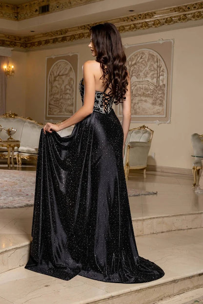 Black Mermaid Spaghetti Strap Corset Side Train Slit Prom Gown