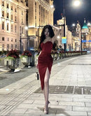 Red Ruched Sweetheart Slit Midi Evening Dress
