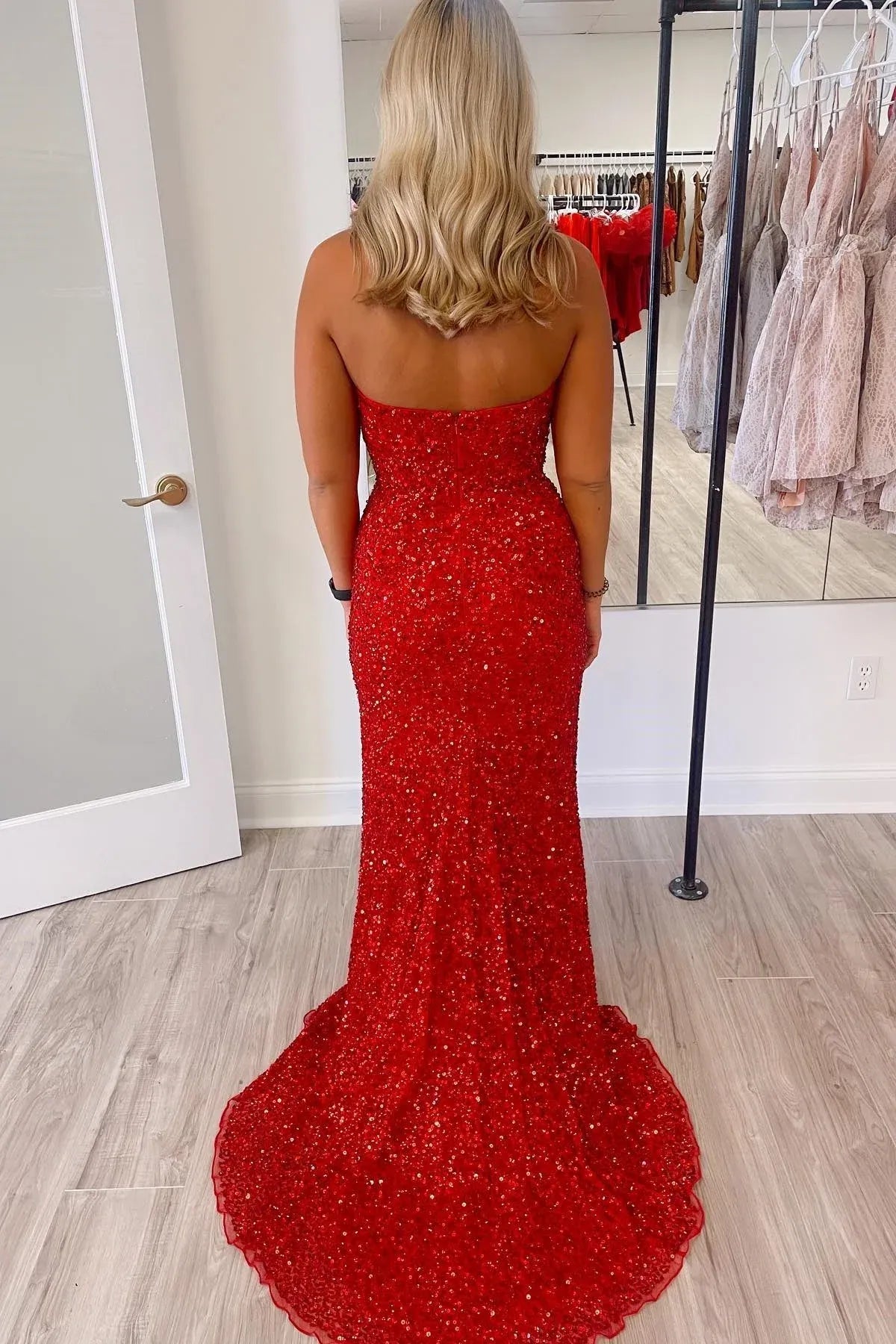 Red Strapless Sequin Sweetheart High Slit Mermaid Prom Dress