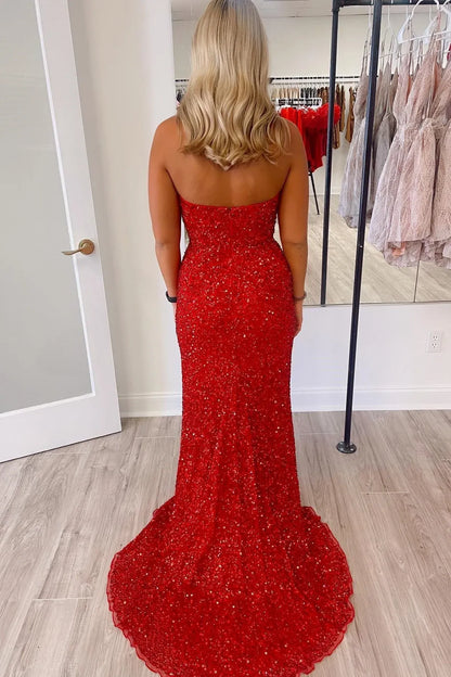 Red Strapless Sequin Sweetheart High Slit Mermaid Prom Dress