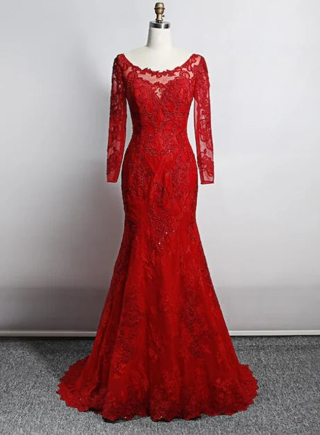 Red Long Sleeve Lace Mermaid Prom Dress Illusion Neck Sheer Back With Train