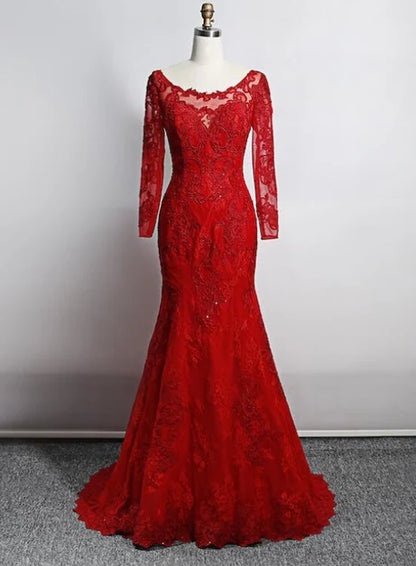 Red Long Sleeve Lace Mermaid Prom Dress Illusion Neck Sheer Back With Train