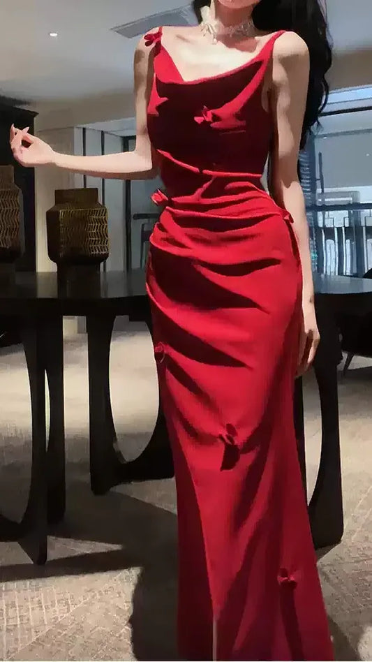 Red Spaghetti Strap Cowl Neck Ruched 3D Bow High‑Slit Mermaid Prom Dress