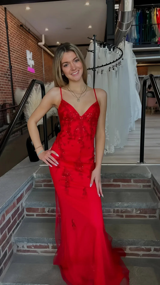 Red Spaghetti Strap V‑Neck Beaded Floral Lace Criss‑Cross Back Mermaid Prom Dress