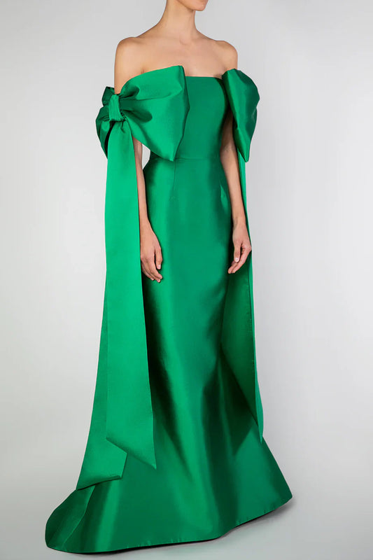 Regal Mermaid Off‑The‑Shoulder Big‑Bow Plain‑Back Floor‑Length Prom Dress