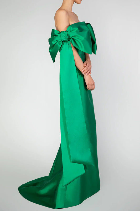 Regal Mermaid Off‑The‑Shoulder Big‑Bow Plain‑Back Floor‑Length Prom Dress