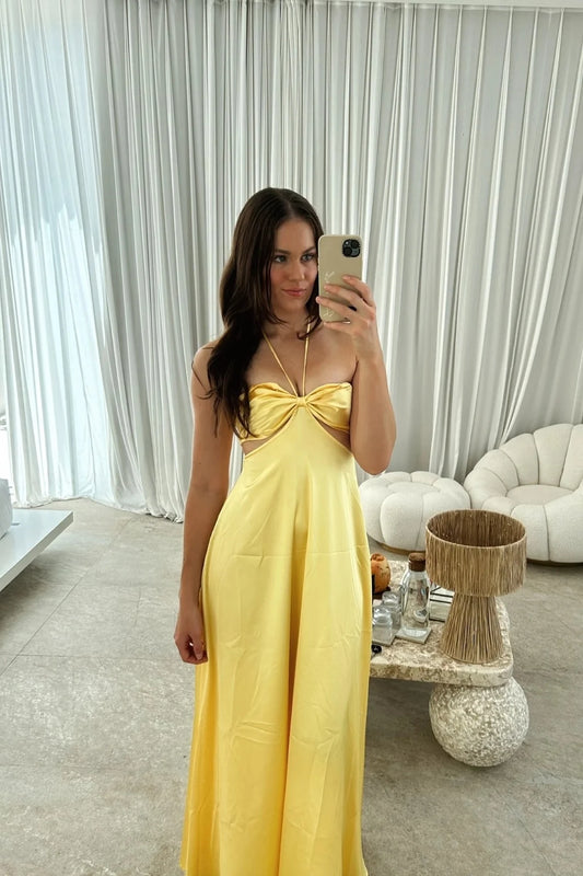 Romantic A-Line Halter Neck Sleeveless Open Back Floor-Length Yellow Satin Evening Dresses