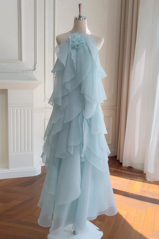 Romantic A-Line Halter Neck Sleeveless Tie Back Floor-Length Light Blue Ruffle Tulle Evening Dresses