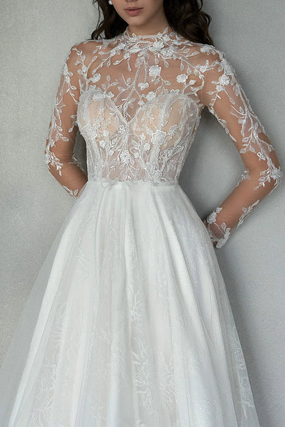 Romantic A-Line High-Neck Long-Sleeve Open-Back Train-Length Wedding Dress
