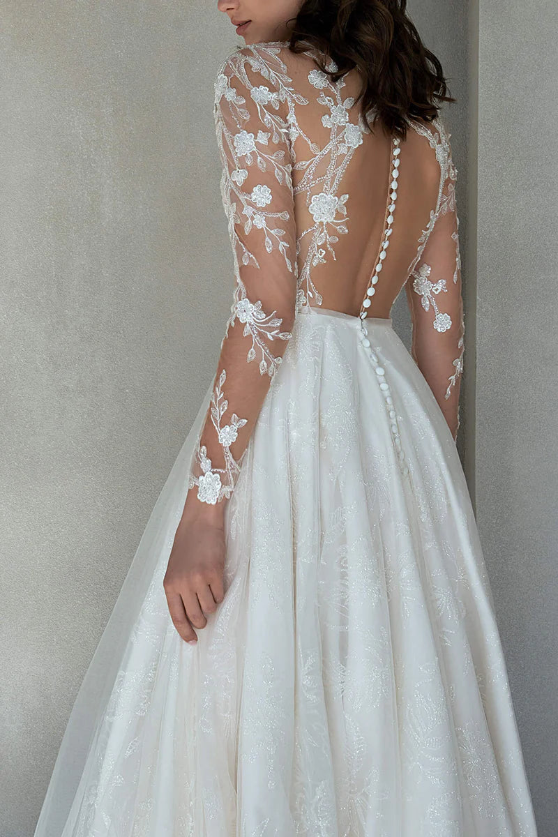 Romantic A-Line High-Neck Long-Sleeve Open-Back Train-Length Wedding Dress