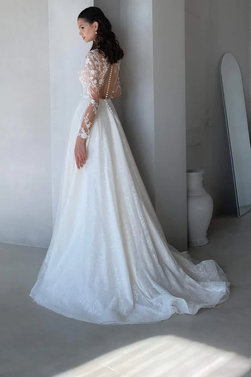 Romantic A-Line High-Neck Long-Sleeve Open-Back Train-Length Wedding Dress