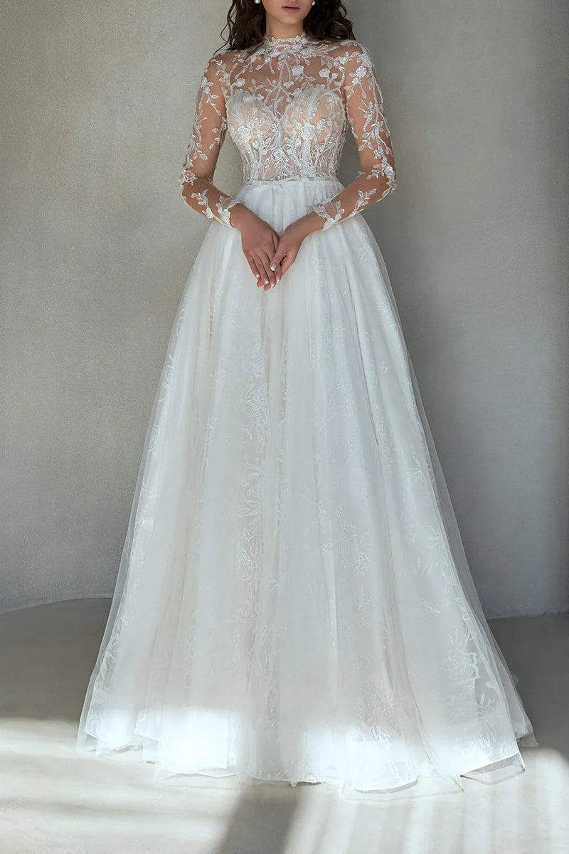 Romantic A-Line High-Neck Long-Sleeve Open-Back Train-Length Wedding Dress