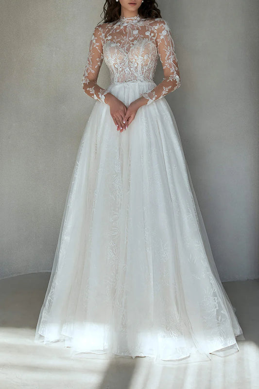 Romantic A-Line High-Neck Long-Sleeve Open-Back Train-Length Wedding Dress
