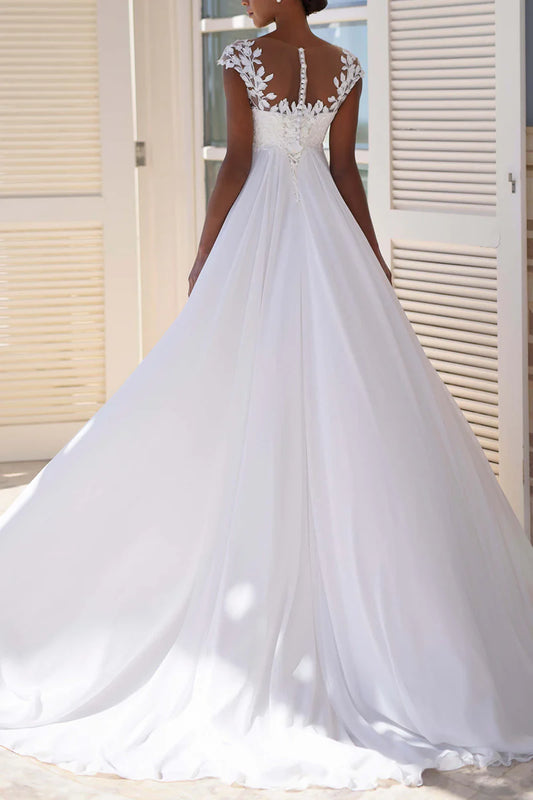 Romantic A-Line Illusion Neck Cap Sleeve Illusion Back Train Length Wedding Dress