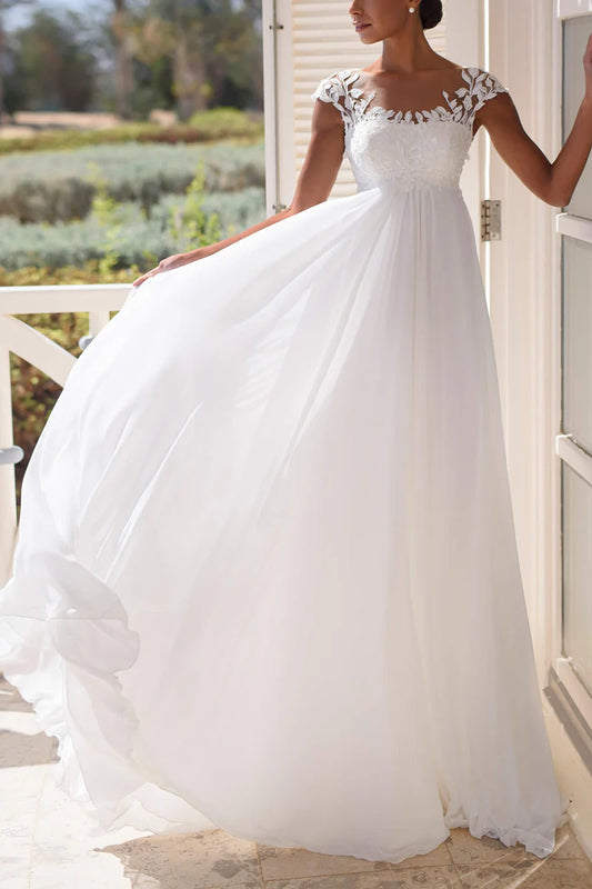 Romantic A-Line Illusion Neck Cap Sleeve Illusion Back Train Length Wedding Dress