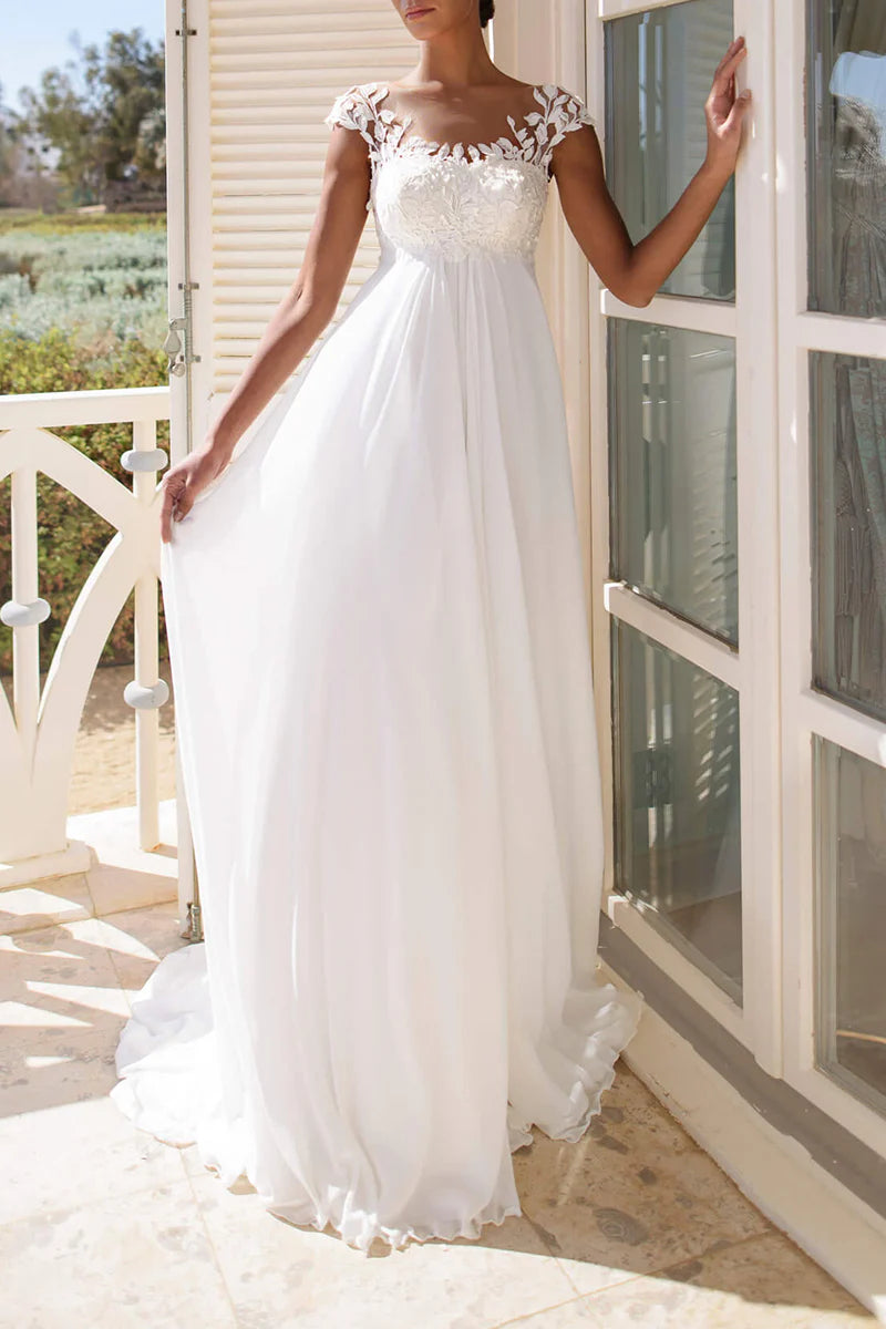 Romantic A-Line Illusion Neck Cap Sleeve Illusion Back Train Length Wedding Dress