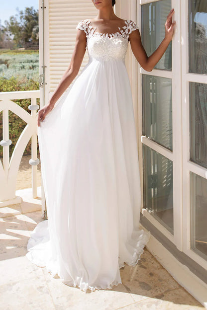 Romantic A-Line Illusion Neck Cap Sleeve Illusion Back Train Length Wedding Dress
