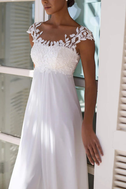 Romantic A-Line Illusion Neck Cap Sleeve Illusion Back Train Length Wedding Dress