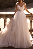 Romantic A-Line Illusion-Neck Cap-Sleeve Open-Back Train-Length Wedding Dress