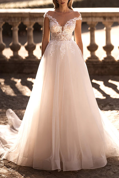 Romantic A-Line Illusion-Neck Cap-Sleeve Open-Back Train-Length Wedding Dress