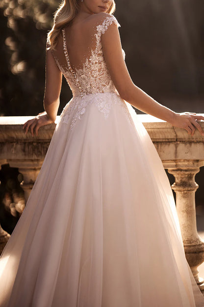 Romantic A-Line Illusion-Neck Cap-Sleeve Open-Back Train-Length Wedding Dress