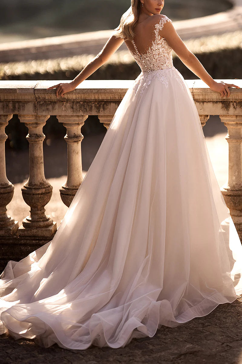 Romantic A-Line Illusion-Neck Cap-Sleeve Open-Back Train-Length Wedding Dress