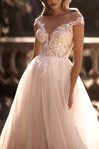 Romantic A-Line Illusion-Neck Cap-Sleeve Open-Back Train-Length Wedding Dress