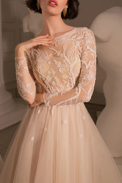 Romantic A-Line Illusion-Neck Long-Sleeve Open-Back Train-Length Wedding Dress