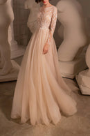 Romantic A-Line Illusion-Neck Long-Sleeve Open-Back Train-Length Wedding Dress