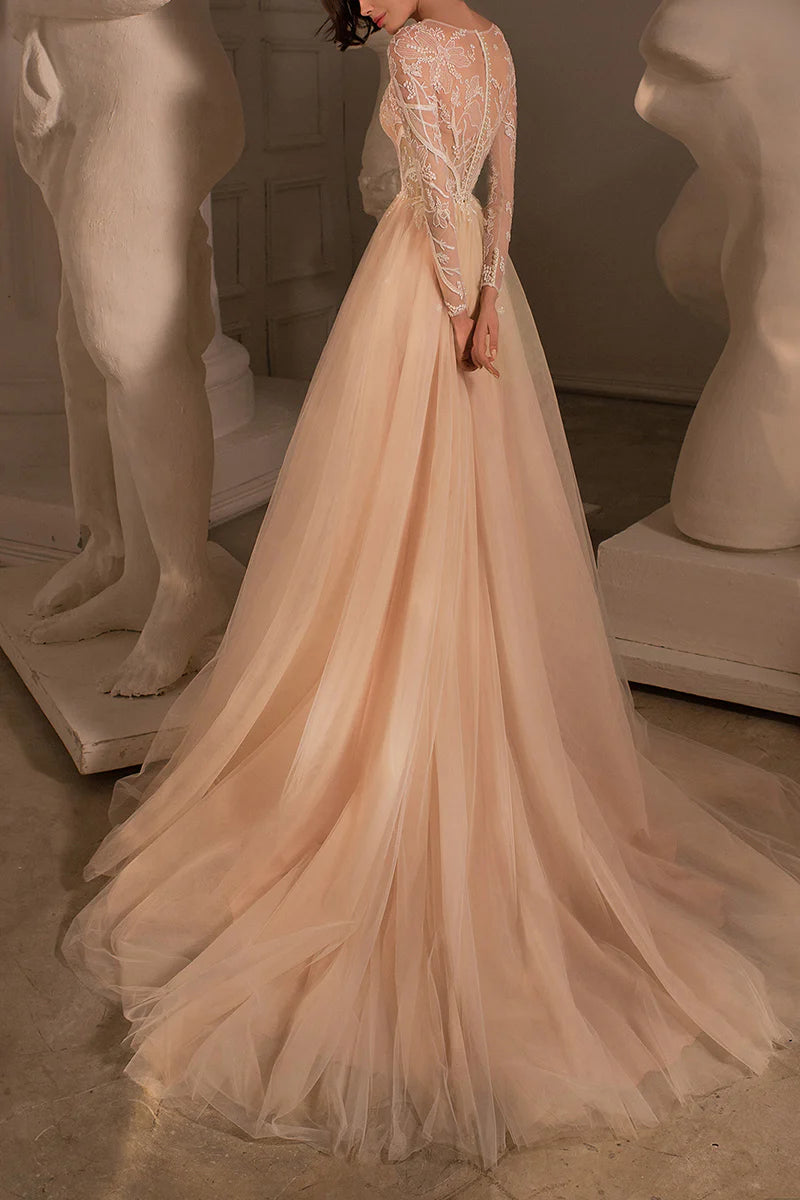 Romantic A-Line Illusion-Neck Long-Sleeve Open-Back Train-Length Wedding Dress