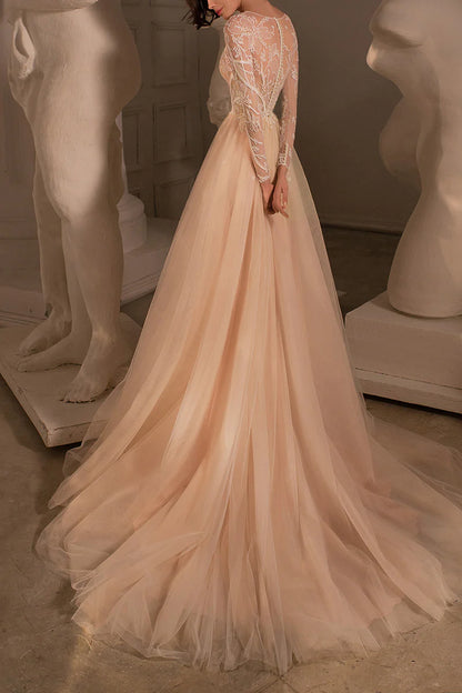 Romantic A-Line Illusion-Neck Long-Sleeve Open-Back Train-Length Wedding Dress