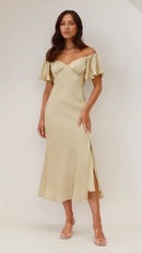 Romantic A-Line Off Shoulder Flutter Sleeve Cutout Back Midi Length Evening Dress