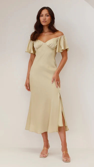 Romantic A-Line Off Shoulder Flutter Sleeve Cutout Back Midi Length Evening Dress