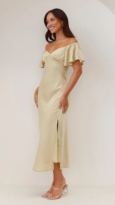Romantic A-Line Off Shoulder Flutter Sleeve Cutout Back Midi Length Evening Dress