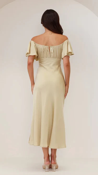 Romantic A-Line Off Shoulder Flutter Sleeve Cutout Back Midi Length Evening Dress