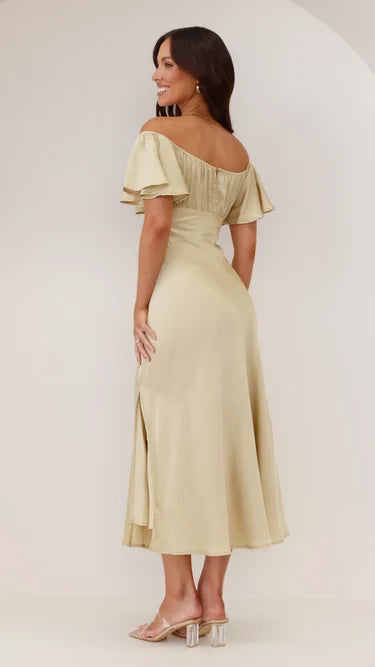 Romantic A-Line Off Shoulder Flutter Sleeve Cutout Back Midi Length Evening Dress