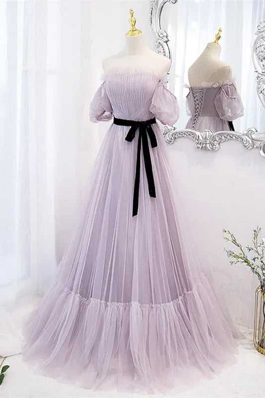 Romantic A-Line Off-Shoulder Puff Sleeve Lace-Up Tulle Lavender Prom Dress.