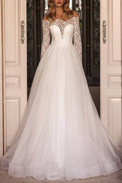 Romantic A-Line Off-The-Shoulder Long-Sleeve Open-Back Train-Length Wedding Dress